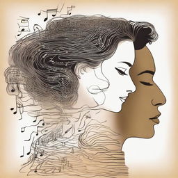 Craft a detailed drawing of a side-profile woman, her hair constructed of musical notes amidst a sunset setting. A man is present, observing her from a distance.