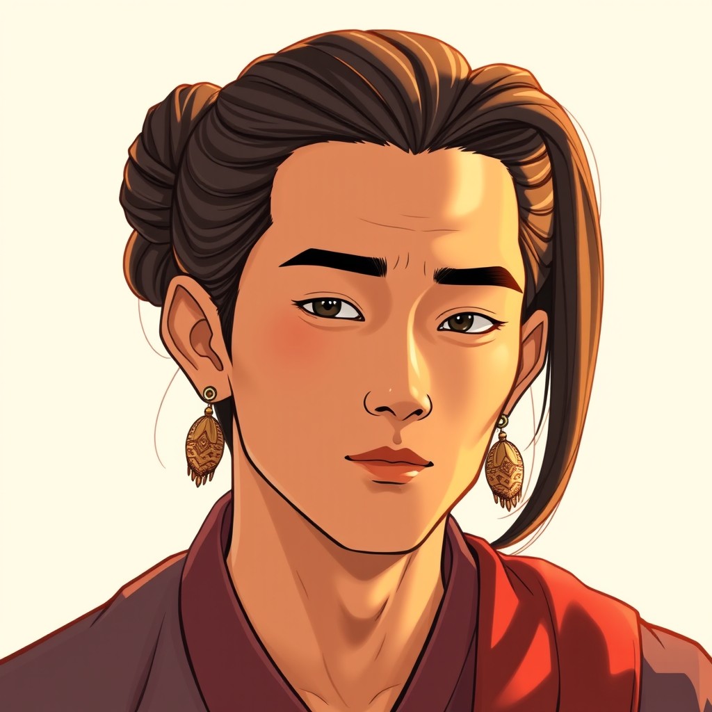 A portrait of a handsome Burmese man with a slightly high forehead and long hair neatly tied in a bun, adorned with traditional earrings