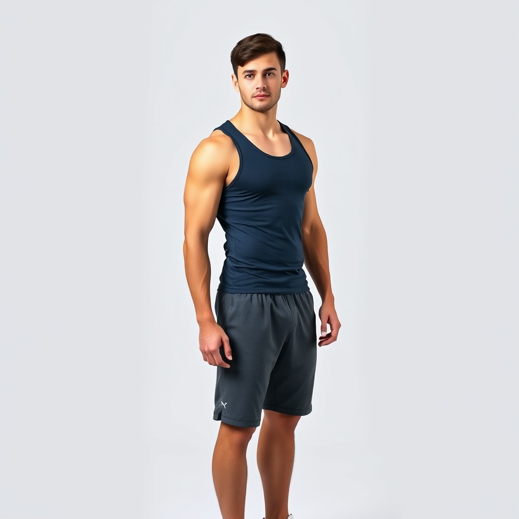 Athletic male in his late 20s, medium build, short dark brown hair, clean-shaven, wearing a fitted dark navy tank top and charcoal gray athletic shorts, white sneakers, standing tall with feet shoulder-width apart, arms at sides, perfect posture, chest up, looking straight ahead, professional fitness photography style, clean white background, soft even lighting, shot from slight side angle at chest level, 4K quality