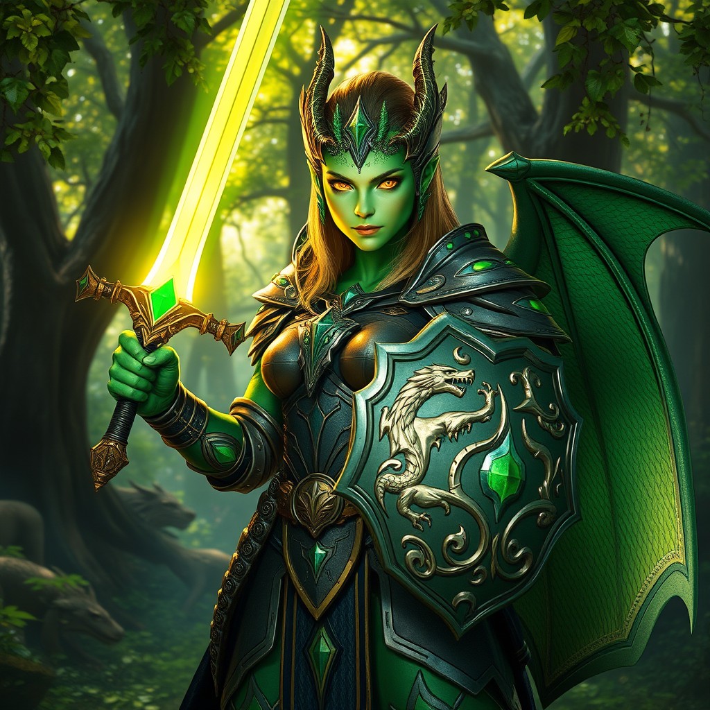A striking female green dragonborn paladin, clad in ornate, reflective armor adorned with emerald accents