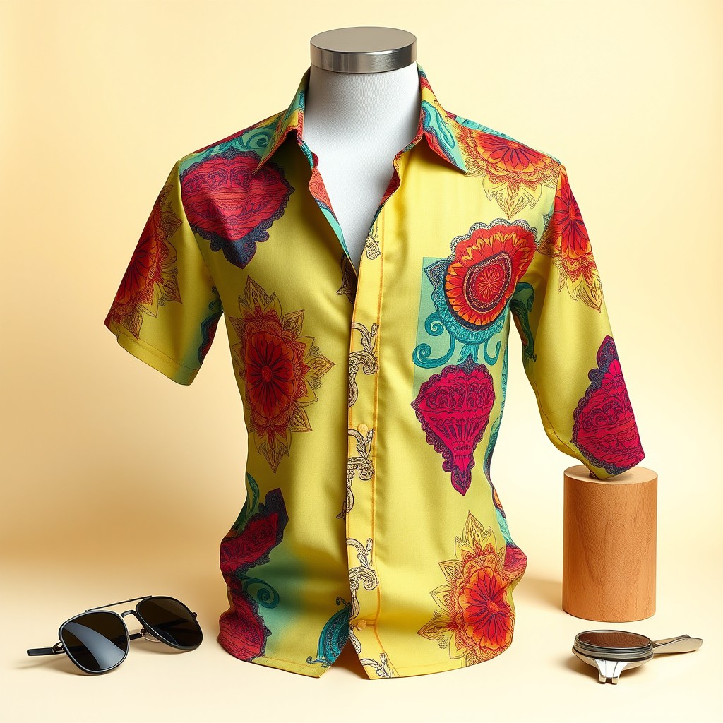 A stylish shirt design featuring vibrant patterns and colors, showcasing a modern and trendy look
