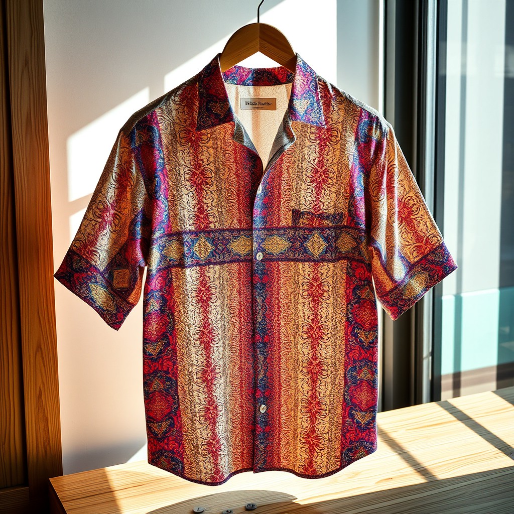 A stylish, modern shirt design displayed on a wooden hanger, with intricate patterns in vibrant colors
