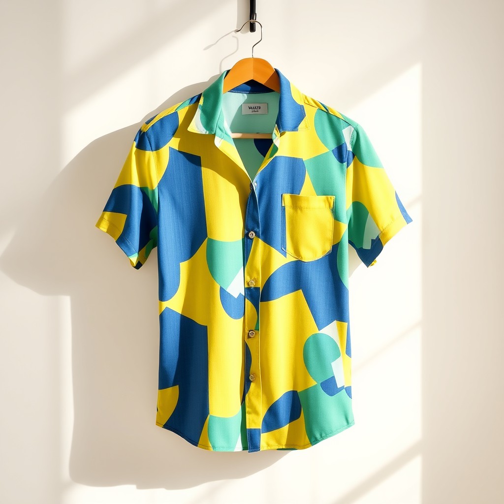 A stylish, modern shirt displayed on a simple, elegant background