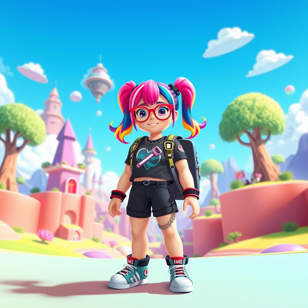 A digital illustration of a stylish Roblox girl character standing confidently in a vibrant virtual world