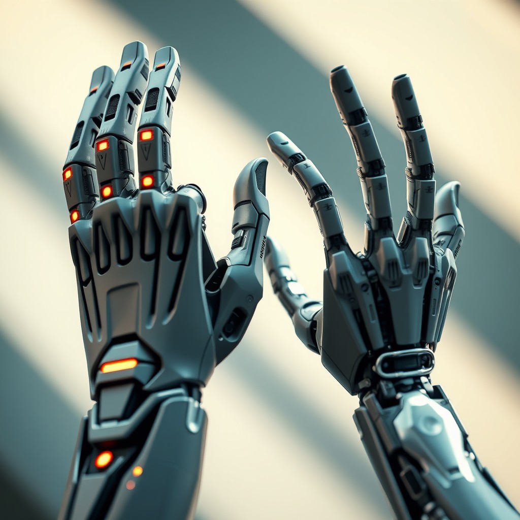 A close-up view of two futuristic bionic hands, intricately designed with a sleek aesthetic