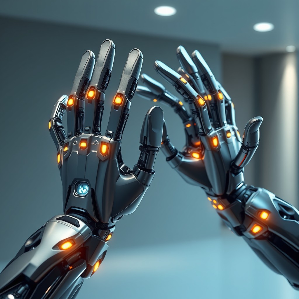 A highly detailed and realistic depiction of a pair of bionic hands, showcasing advanced technology and intricate design