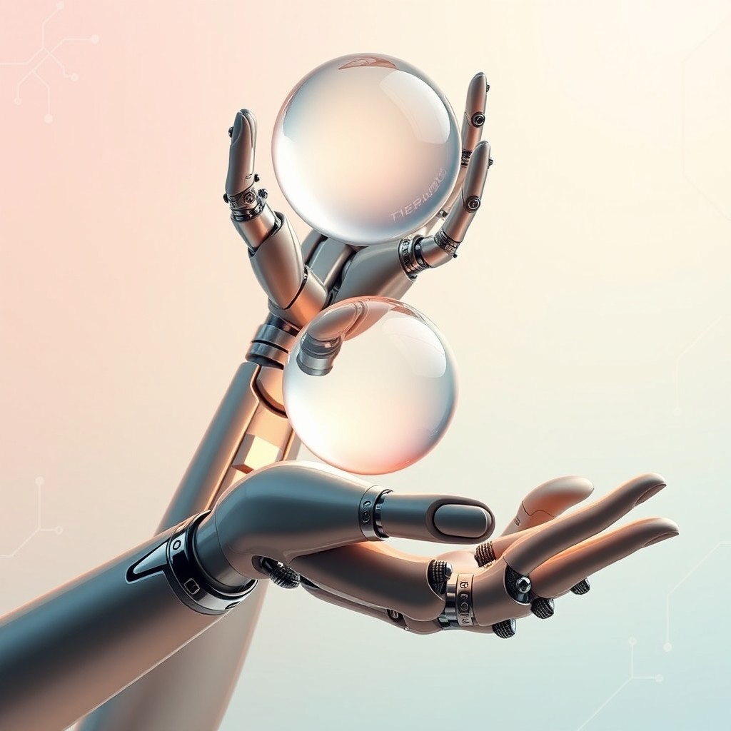 An artistic portrayal of two advanced bionic hands, intricately designed with sleek metallic structures and subtle organic curves, showcasing a blend of technology and human-like characteristics