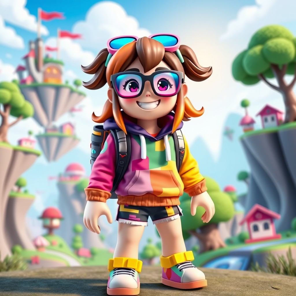 A playful and imaginative Roblox girl character, featuring vibrant colors and a creative outfit consisting of a colorful hoodie, oversized glasses, and unique accessories like a pixelated backpack