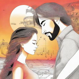 Illustrate a man observing a drawing of a side-profile woman. Her hair is intricately made up of musical notes, set against the vibrant backdrop of a sunset.