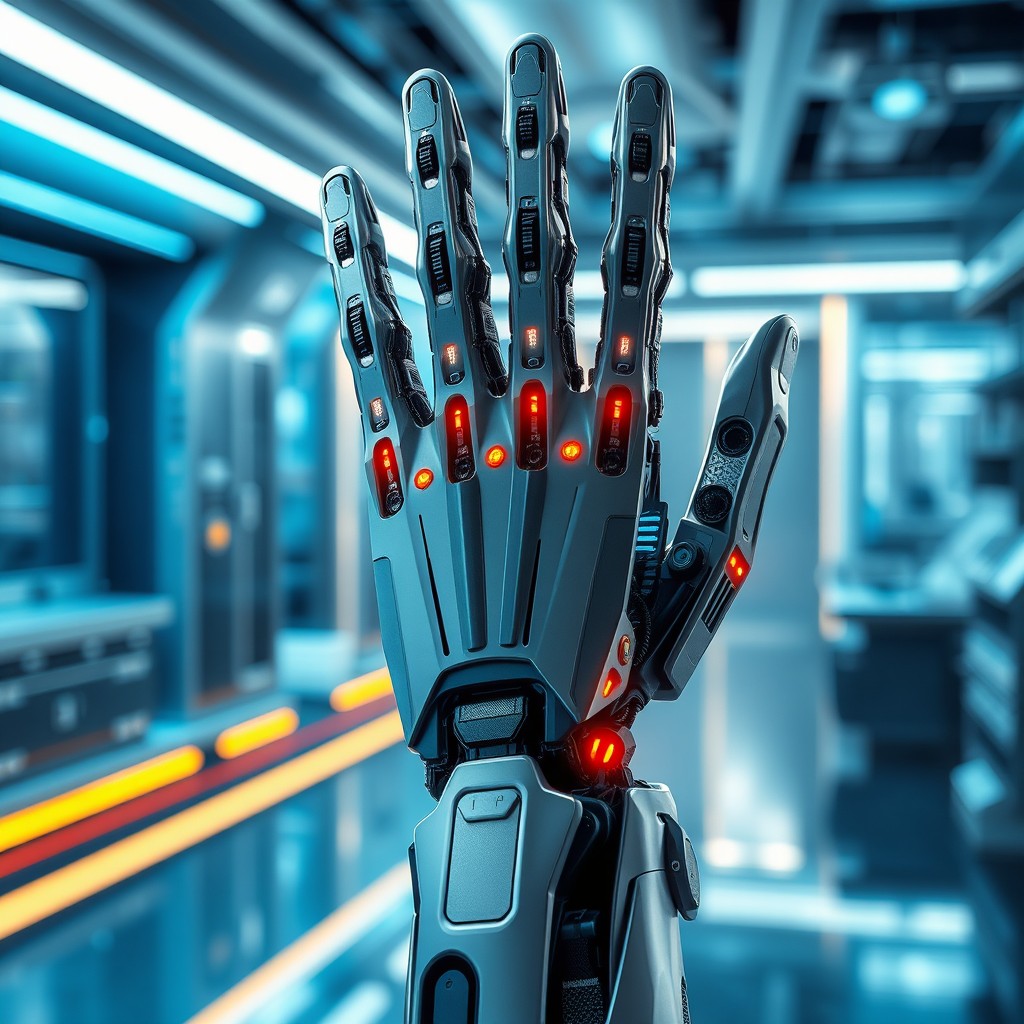 A futuristic bionic hand design with sleek lines and intricate technology, showcasing a blend of metallic and organic elements