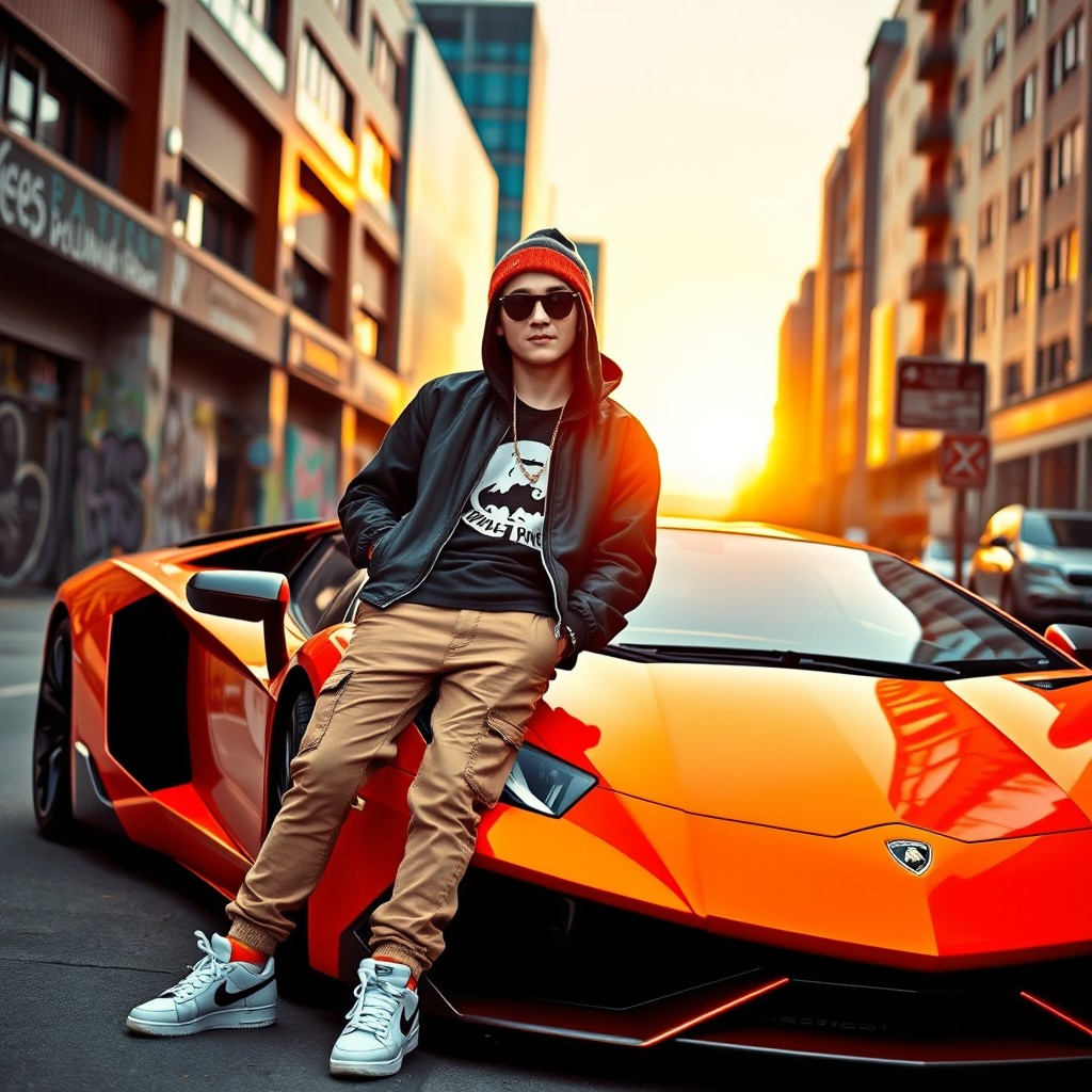 A cool, confident young adult male wearing stylish streetwear, leaning against a sleek, shiny Lamborghini