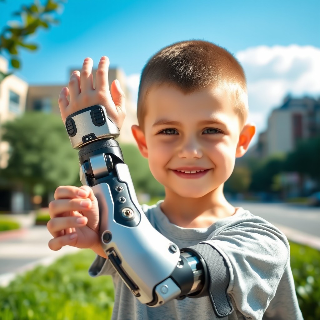 A young boy with a buzz cut hairstyle, showcasing a sleek and advanced bionic arm that has a modern design with metal and circuitry details