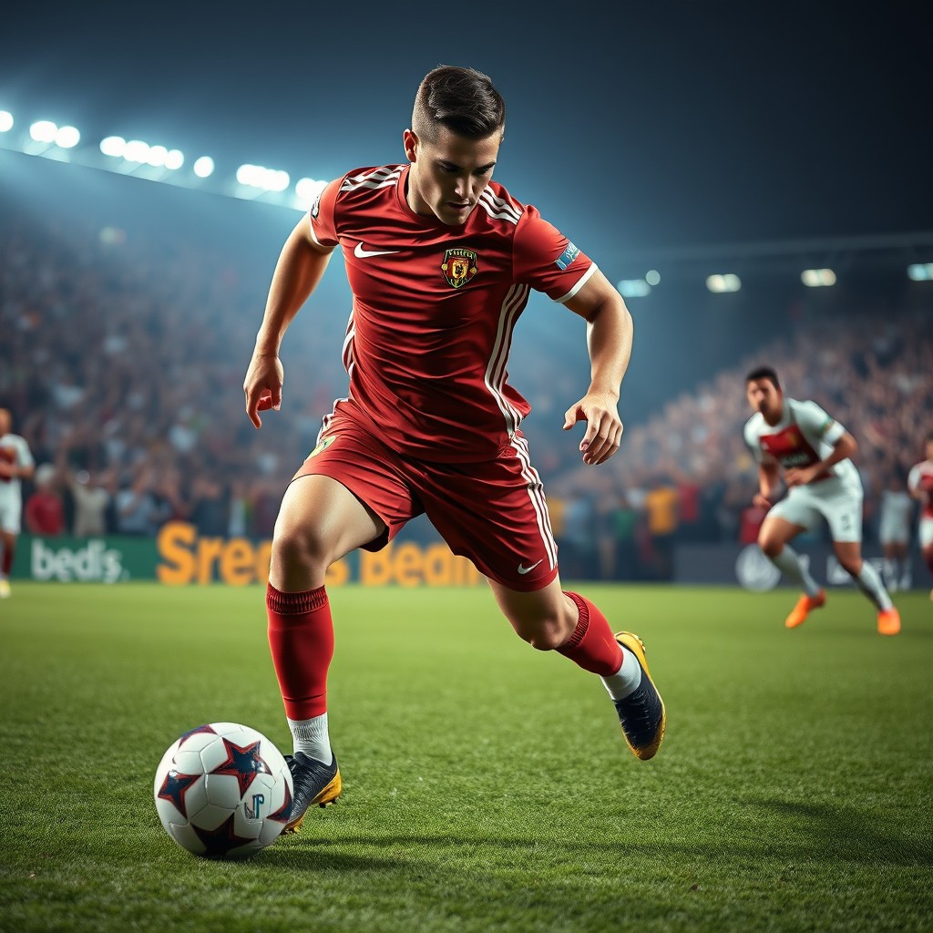 A dynamic and powerful image of a male soccer player in mid-action, showcasing incredible skill and athleticism