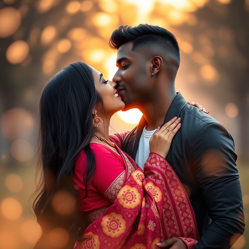 A romantic scene showcasing an Indian woman and a Black man sharing a passionate kiss