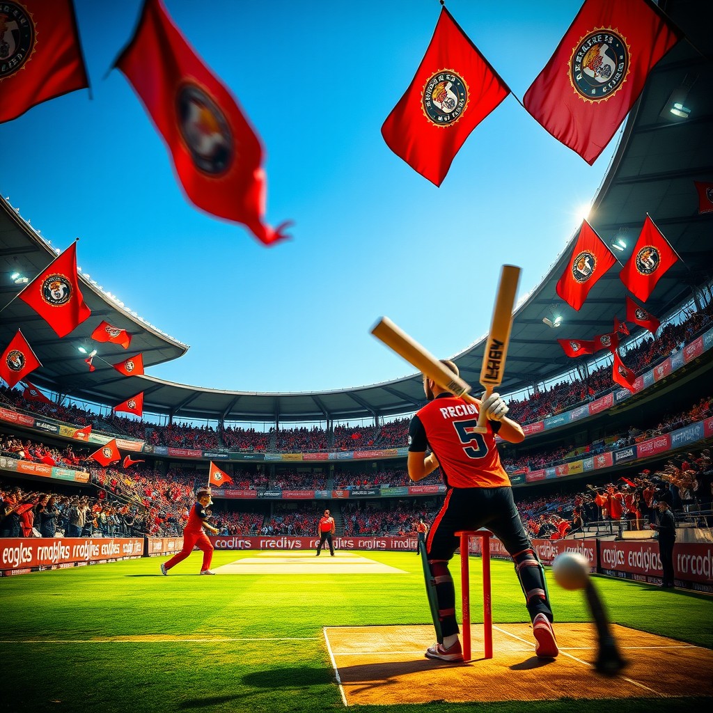 A dynamic scene from a Royal Challengers Bangalore (RCB) cricket match featuring enthusiastic fans in the stands, waving vibrant red and black flags