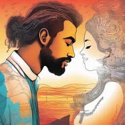 Illustrate a man observing a drawing of a side-profile woman. Her hair is intricately made up of musical notes, set against the vibrant backdrop of a sunset.