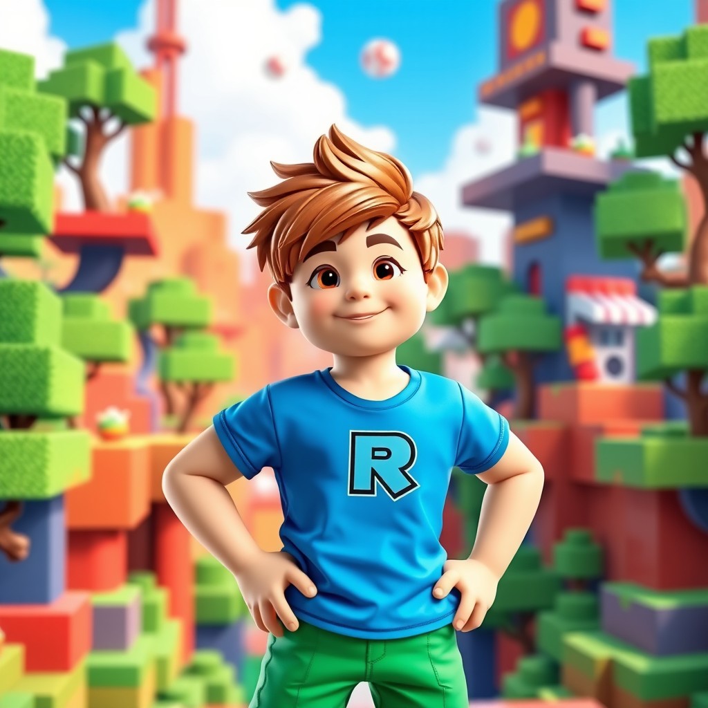 A young boy with a playful expression, styled in a colorful Roblox character design