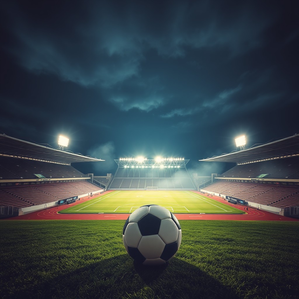 Estadio Vila Belmiro iluminado de noche, con focos brillantes que resaltan el césped verde brillante
