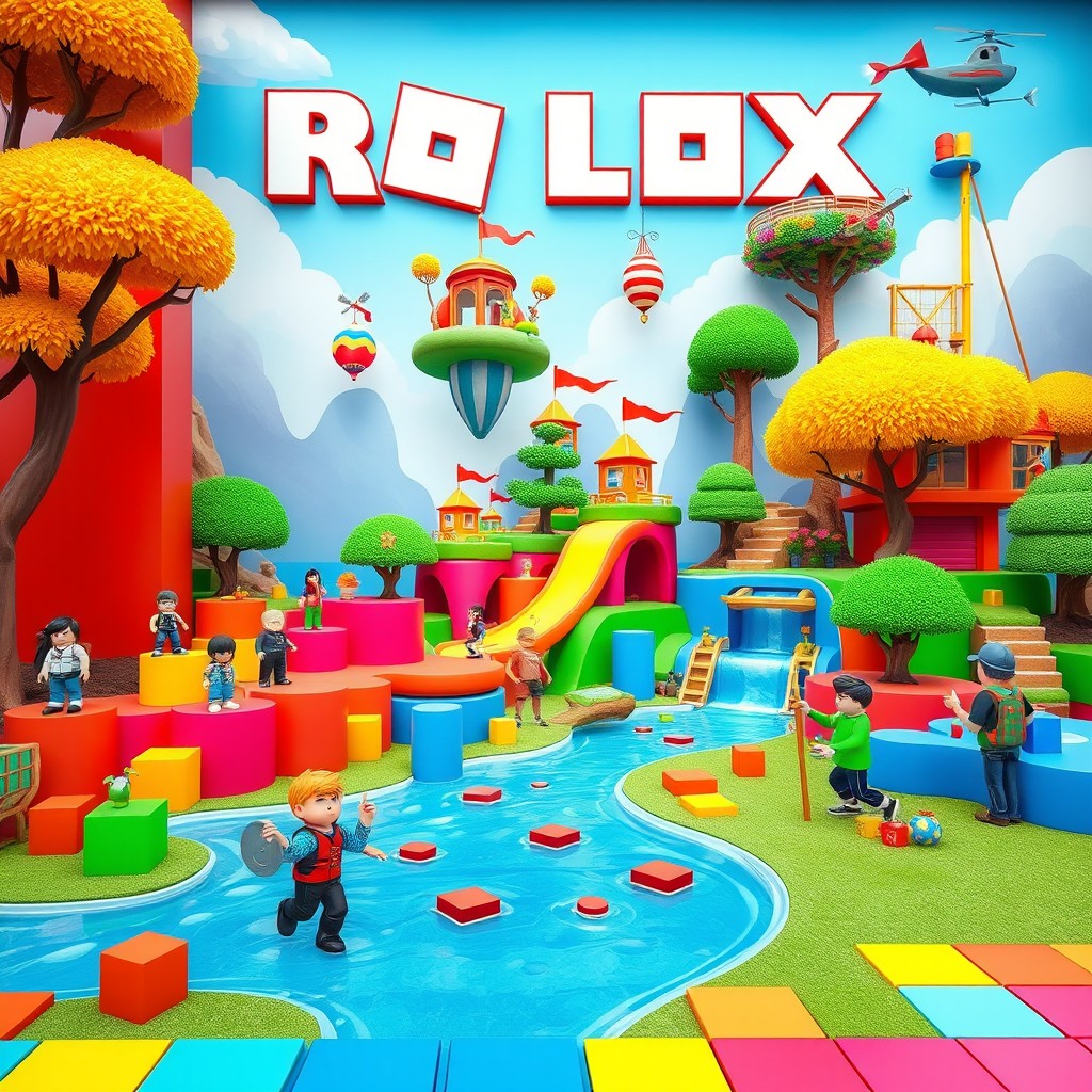 A vibrant and playful ROBLOX-themed background wall, featuring iconic elements from the game such as colorful cubes, avatars in various poses, and familiar game environments, all seamlessly blended into a cheerful outdoor scene
