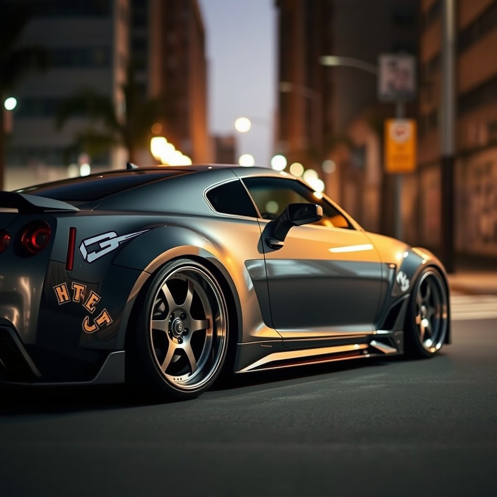 A sleek, modified sports car showcasing wide rims and a low suspension, parked on an urban street at sunset