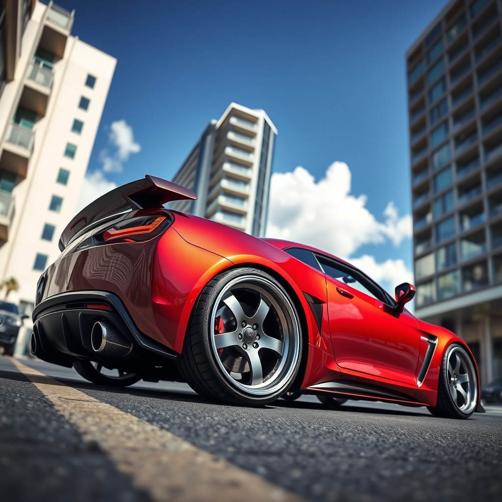 A stylish, modified sports car with wide rims and a low suspension, showcasing an aggressive stance