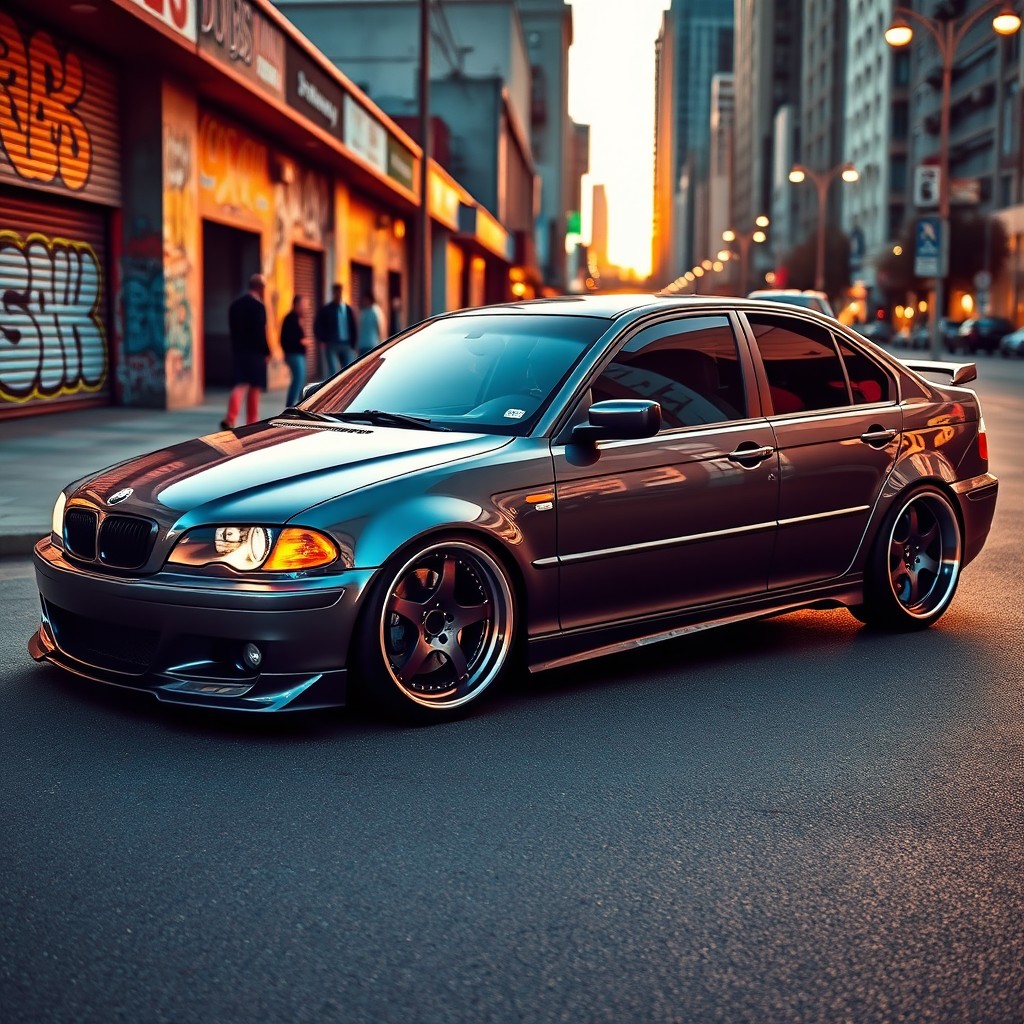 A sleek, modified car with wide rims and a low suspension, parked on a vibrant city street during sunset