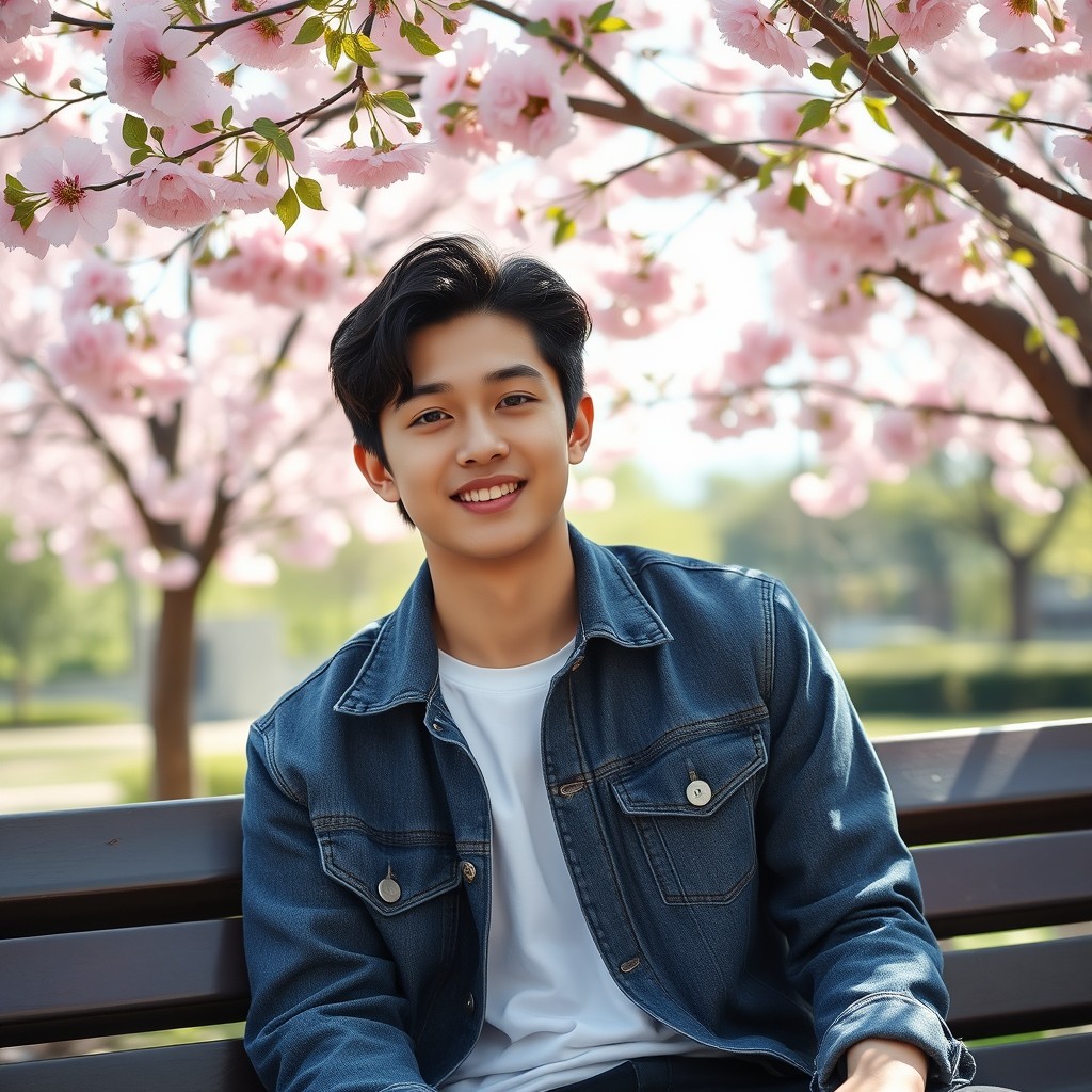 An attractive 18-year-old Korean boy with handsome features, sitting casually on a park bench