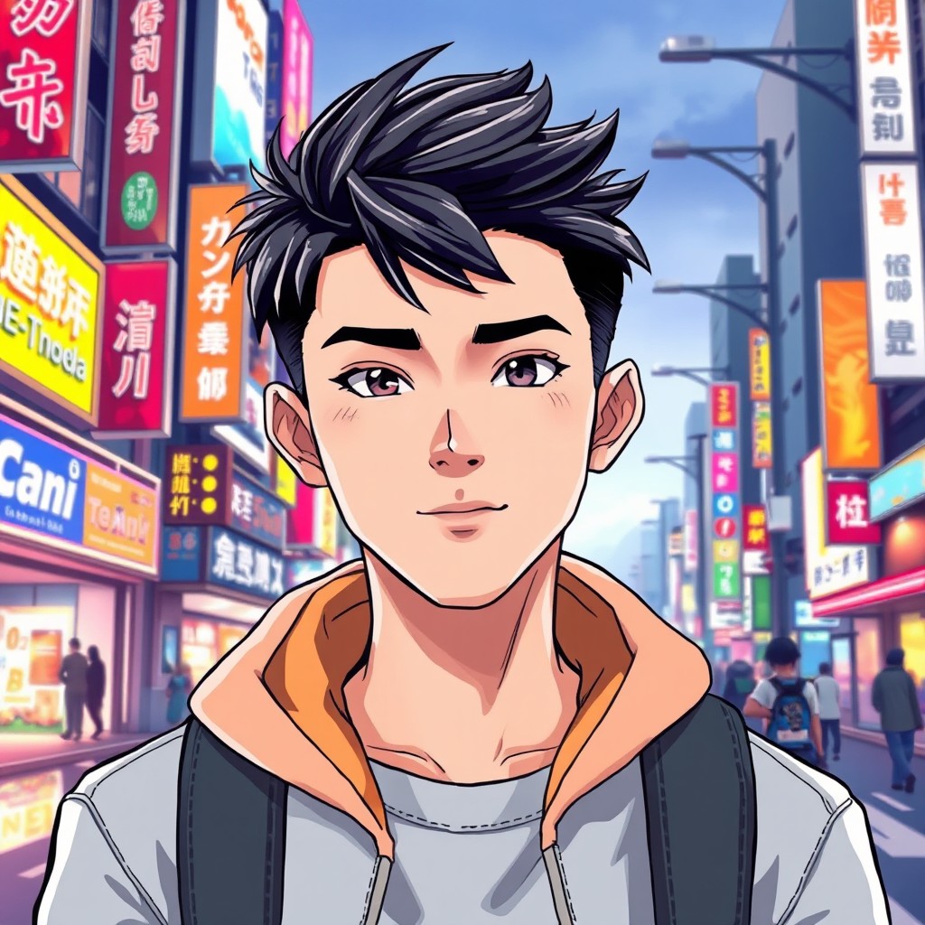 An anime-style illustration of a handsome 18-year-old Korean boy, featuring striking facial features with sharp jawline, bright eyes, and a stylish haircut