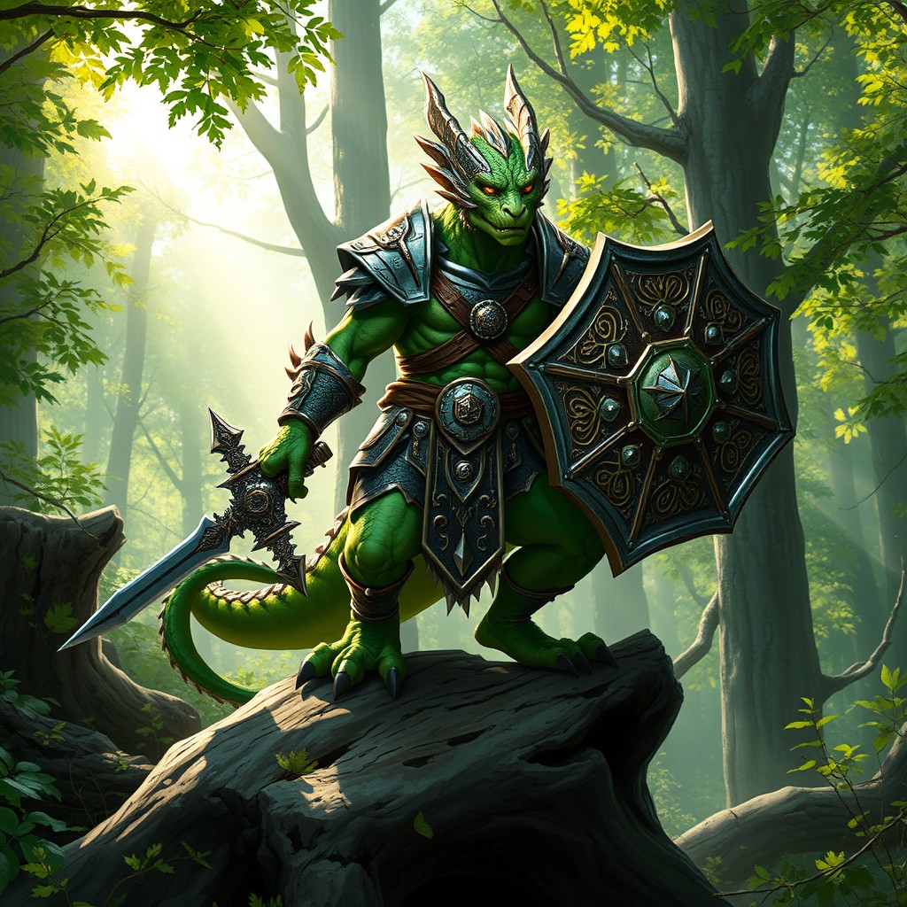 A fierce green dragonborn paladin, clad in ornate armor, stands confidently on a sturdy log