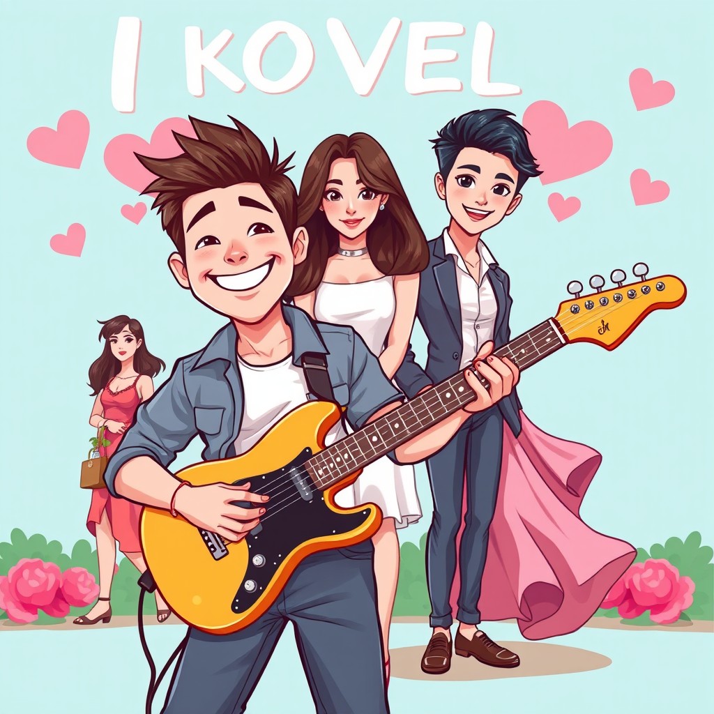 A colorful and vibrant cartoon-style cover for a novel featuring a handsome male actor playing an electric guitar with a charming smile