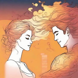 In comic style, show a man gazing at a drawing of a side-profile woman. Her hair, shaped like flames intertwined with musical notes, glows in the sunset backdrop.