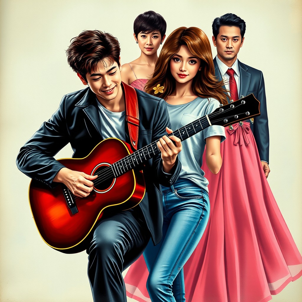 A novel cover featuring a handsome man resembling an actor, passionately playing a guitar 🎸