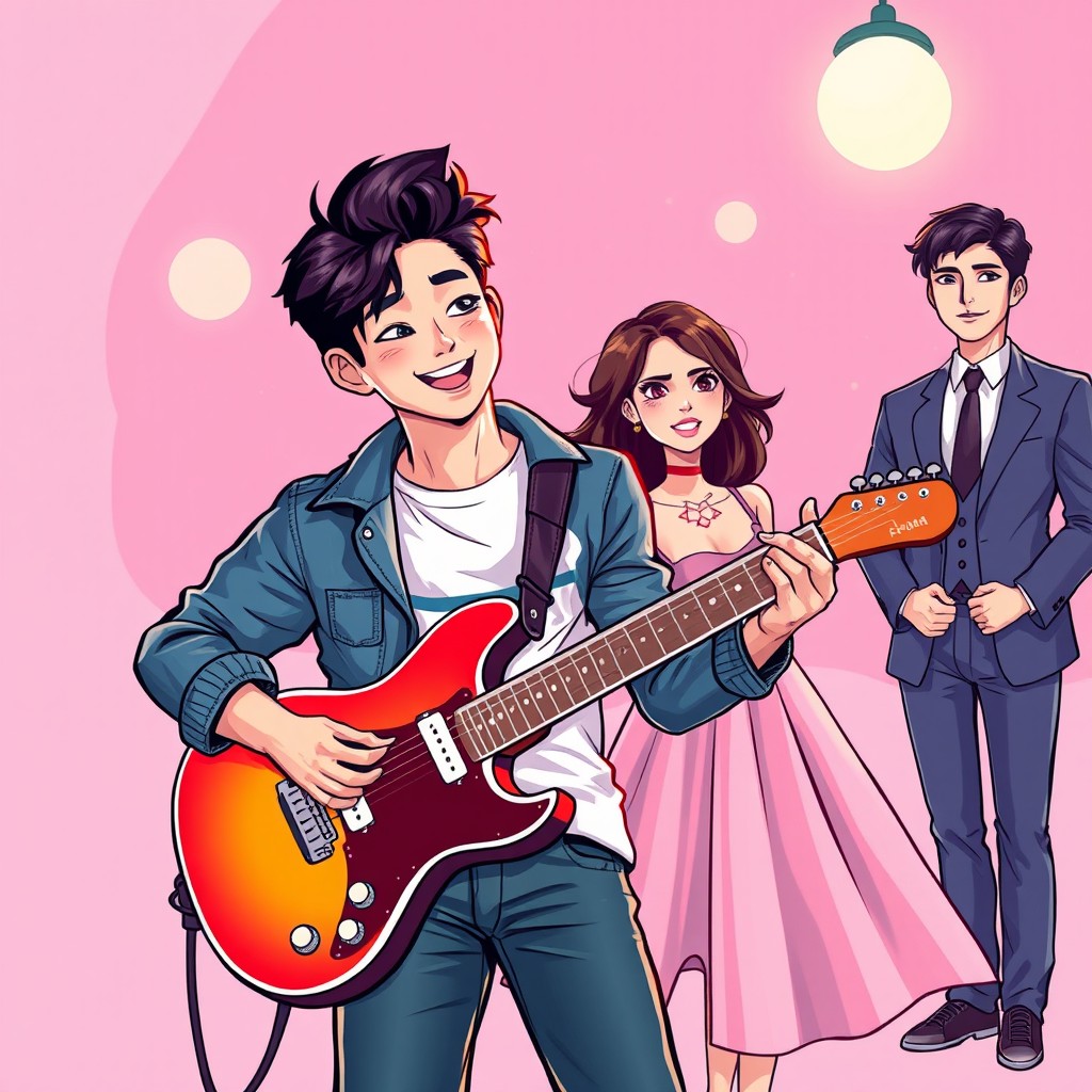 A vibrant cartoon-style cover for a novel featuring a handsome male actor playing an electric guitar, showcasing his charm and charisma