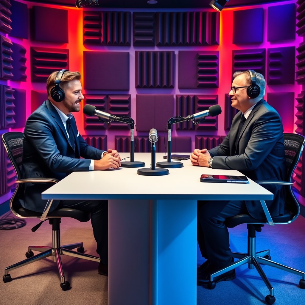 A vibrant podcast studio scene featuring two men sitting across from each other