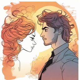 In comic style, show a man gazing at a drawing of a side-profile woman. Her hair, shaped like flames intertwined with musical notes, glows in the sunset backdrop.