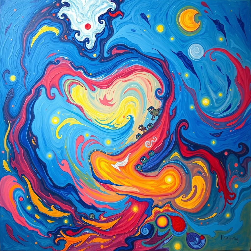 A vibrant and surreal abstract painting filled with swirling colors of blue, red, and yellow, resembling a dreamlike landscape