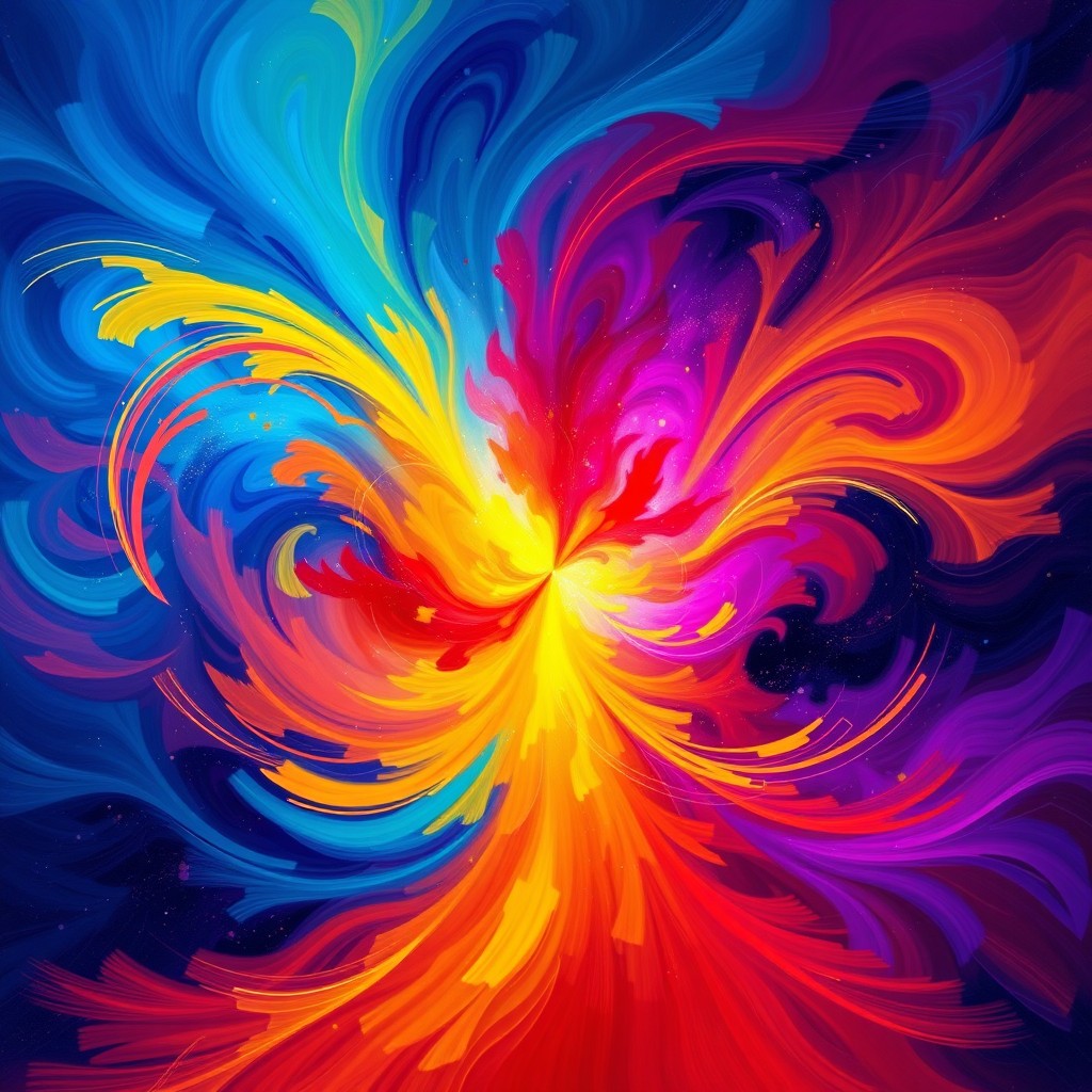 A vibrant and abstract digital painting featuring dynamic swirls of color and energy, resembling a cosmic explosion of hues