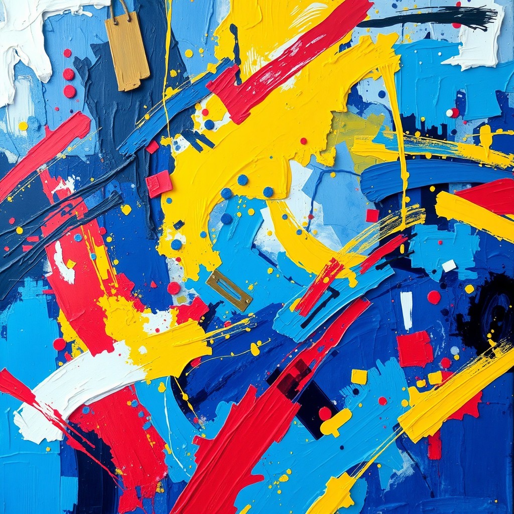 A vibrant abstract expressionist painting filled with dynamic colors and emotional strokes, representing the chaos and energy of modern life
