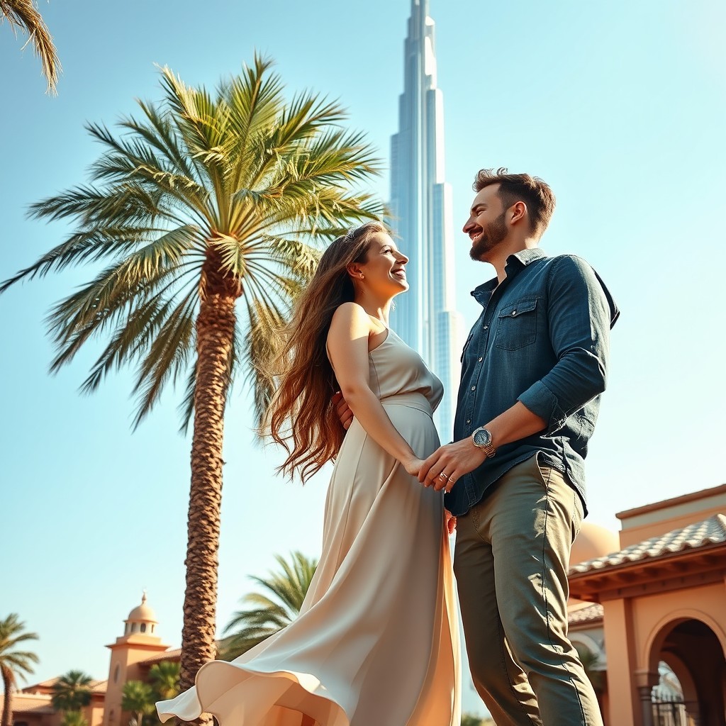 A romantic scene in Dubai featuring a happy couple, a man and a woman, standing together with the iconic Burj Khalifa in the background