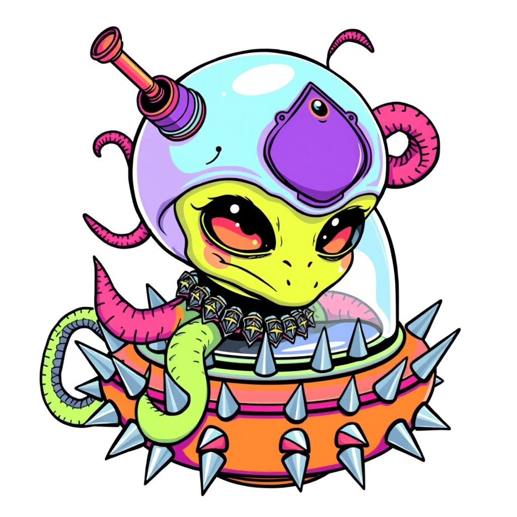 A detailed line art illustration of a cute brightly colored cartoon alien with a round head, featuring serpents growing from its scalp