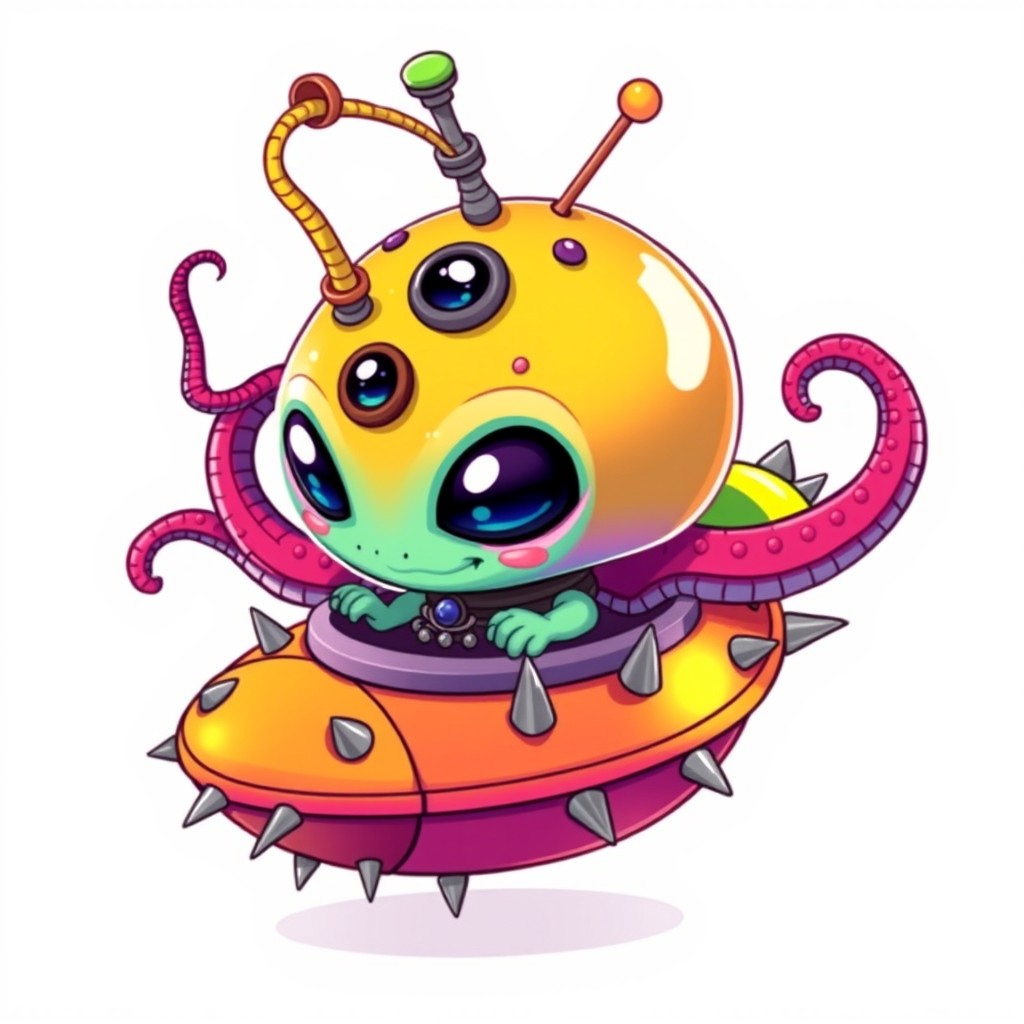 A cute brightly colored cartoon alien with a round head, featuring serpents growing out of the scalp and a tube sticking up from its head, accompanied by a third eye