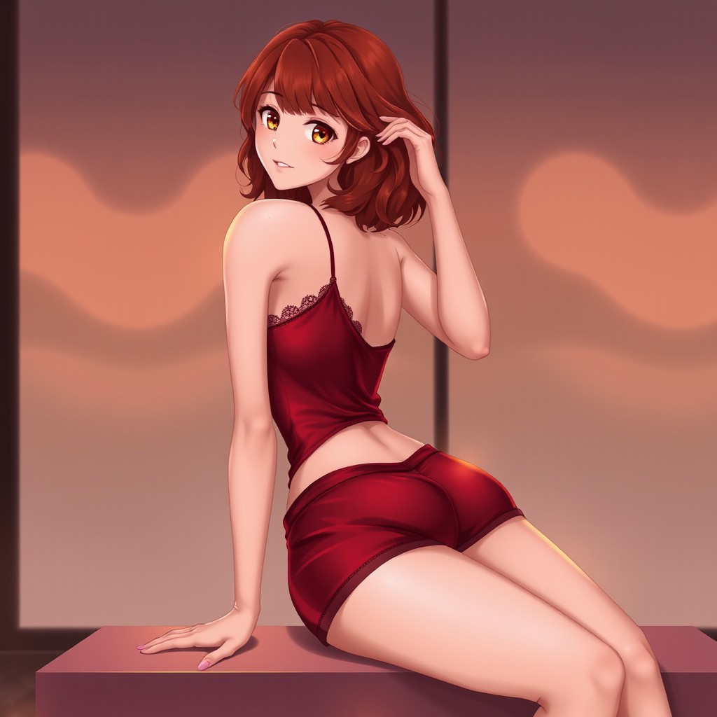A 2D anime-style digital illustration of a confident young woman with wavy shoulder-length red hair and warm, expressive eyes