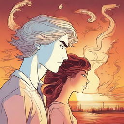 In comic style, show a man gazing at a drawing of a side-profile woman. Her hair, shaped like flames intertwined with musical notes, glows in the sunset backdrop.