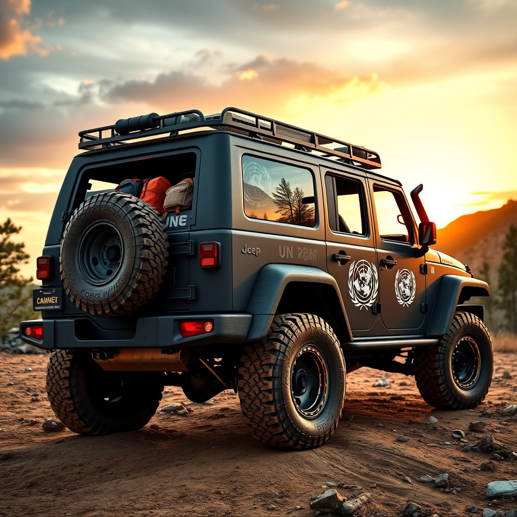 A rugged and stylish UN Jeep FJ, depicted as a versatile pickup truck, showcasing its robust features and off-road capability