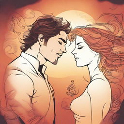 In comic style, show a man gazing at a drawing of a side-profile woman. Her hair, shaped like flames intertwined with musical notes, glows in the sunset backdrop.