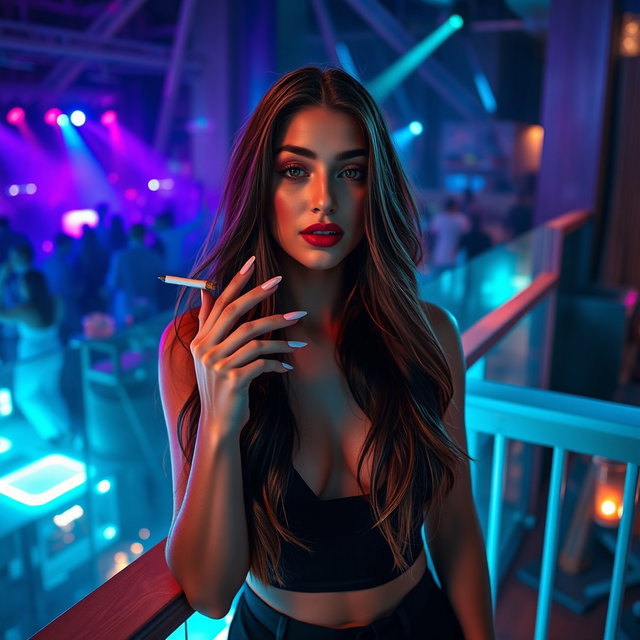 A Caucasian woman with long brown hair and elegantly manicured long nails, casually smoking a cigarette on a stylish balcony