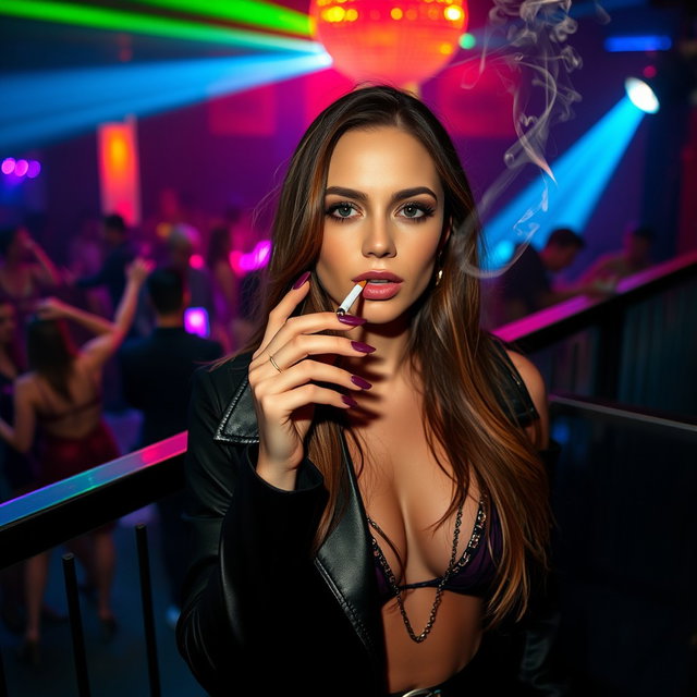 A Caucasian woman with long brown hair and beautifully manicured long nails, elegantly smoking a cigarette on a balcony