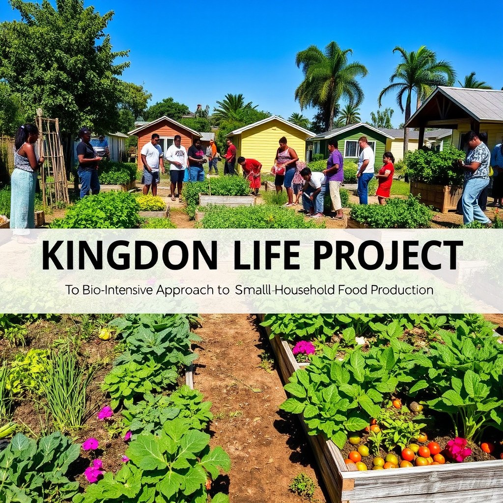 A vibrant community garden showcasing the Kingdom Life Project, emphasizing a bio-intensive approach to small household food production