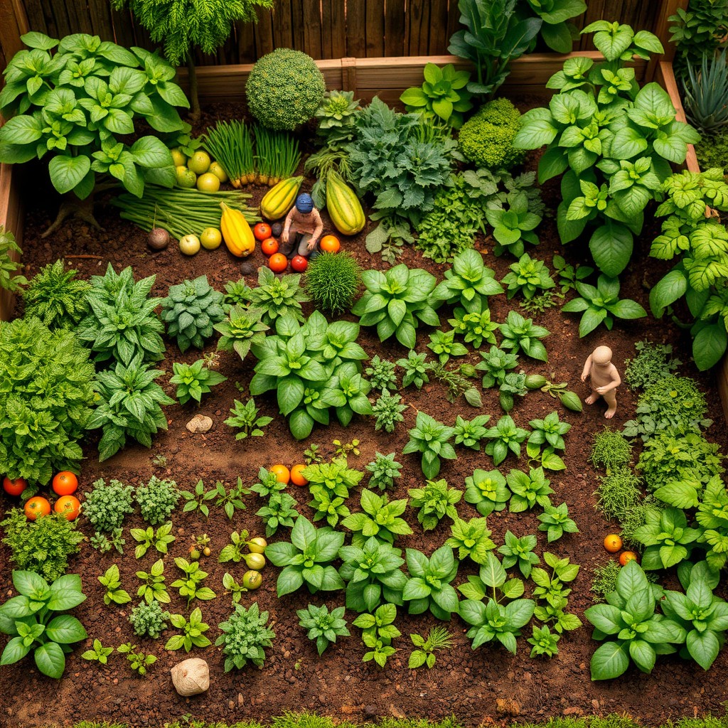 A detailed representation of a bio-intensive small household food production garden, showcasing diverse vegetable crops, fruit trees, and herbs arranged in an organized layout