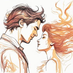 Sketch a man deeply gazing at a side-profile woman whose hair is artistically made up of flames, set against a sunset humming to the rhythm of music.